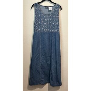 Erika & Co Denim Maxi Dress Womens Large Embroidered Blue Modest Jumper Cottage